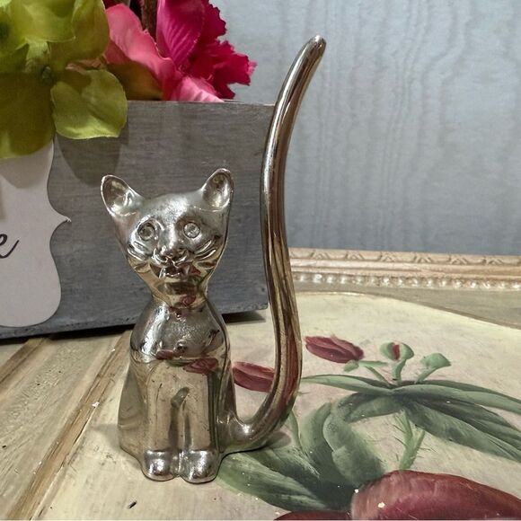 Vintage Silver Tone Kitty Cat Ring Holder - Picture 1 of 10